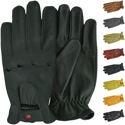 German Wear Lederhandschuhe Herren Autofahrerhandschuhe aus echtem Lammnappaleder Retro offener Handrücken perforierte Finger mit Druckknopf atmungsaktiv weich für Autofahren Rennsport Touring