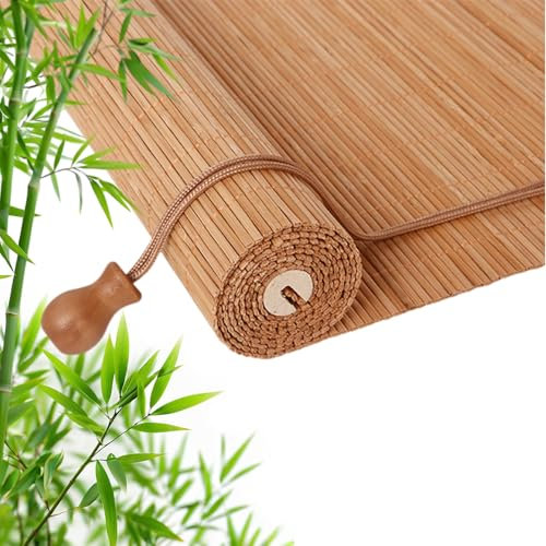 Retro Bambus Rollo, Natur Holzrollos Sonnenschutz und Sichtschutz Bambusrollo Staubdichter Dekorativer Vorhang, für Drinnen/Draußen/Garten