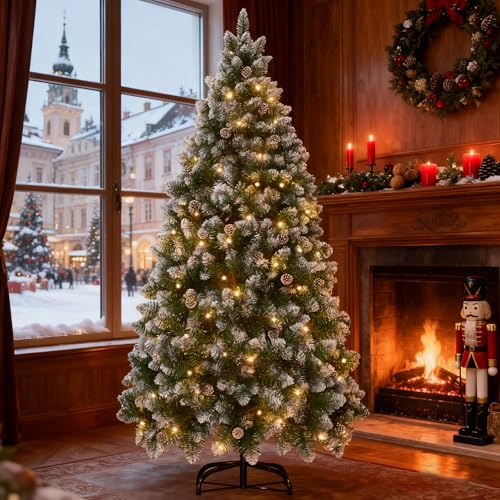 Froadp 210 cm konstgjord julgran av PVC, upplyst snöeffekt, julgran, avtagbar julgran med 820 grenar, flamskyddad, granstativ för inomhus, juldekoration (350 LED)