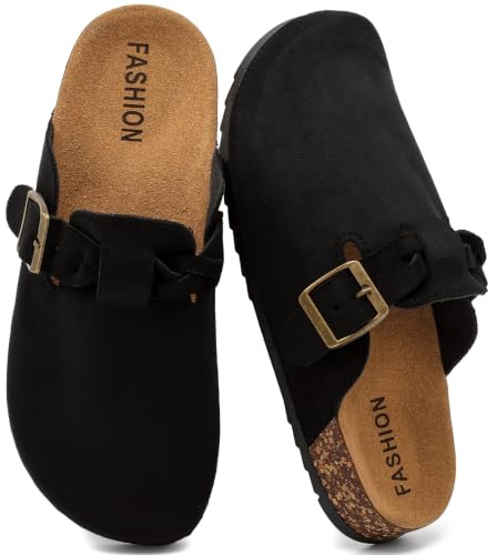 Women's Suede Clogs, Cork Footbed Leather Mules, Slip-On Potato Shoes