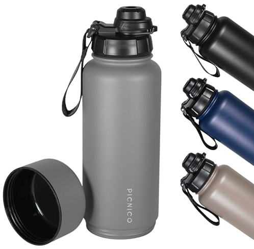 Picnico® - Edelstahl Trinkflasche 1L mit Stauraum (BPA-frei, isoliert, auslaufsicher) Grau - Thermoflasche hält 24h kalt & 12h warm - Wasser- & Sportflasche (950ml + 240ml) Gym, Fitness & Wandern