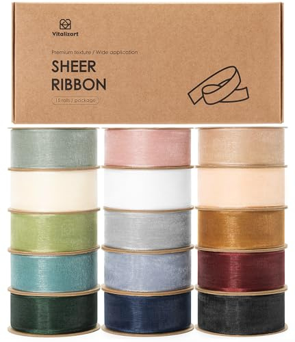 Vitalizart Organza-band 1 tum x 150 Yd (15 rullar x 10 Yd), ren tyll för hantverk, breda presentband för presentförpackning, julgran, dekoration, bröllopsinbjudan