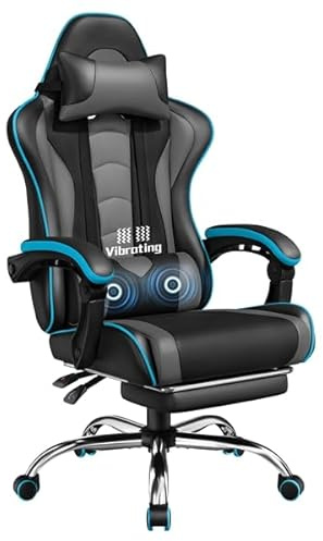 Yaheetech Chaise Gaming Massage Dossier Ailes Latérales Repose-Pieds Gris | Inclinable & Hauteur Ajustable Base 72cm Charge 150kg Têtière Incluse Coussin Lombaire Massant USB Similicuir Bureau Salle