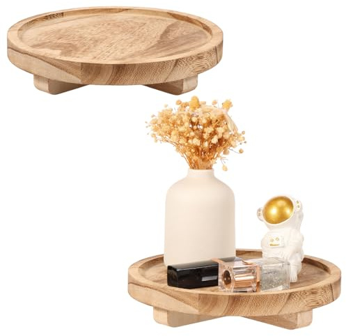Foppla 2Pcs Round Wood Tray,Wood Stand for Display,Round Wooden Risers for Kitchen/Bathroom Counter/Plant Stand(light brown)