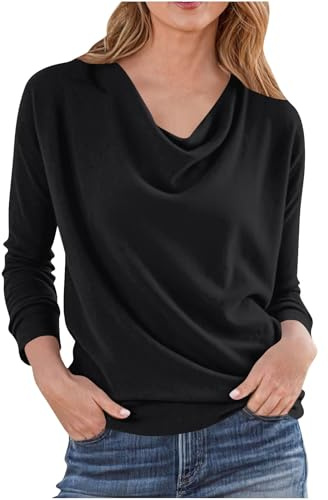 Dyhxuan Langarmshirt Damen Elegant Wasserfall-Ausschnitt Oberteile Einfarbig Langarm Oberteile Basic Shirt Casual Pullover Vielseitig Langarm Tops Frauen Longsleeve T-Shirt