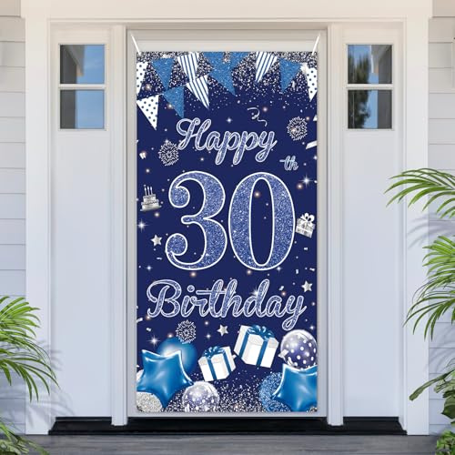 PartyYaa 30. Geburtstagsbanner Deko, 30. Geburtstag Tür Banner, Blau Silber Happy Birthday Banner Türabdeckung Fotoautomaten Schild Poster Party Deko für Drinnen und Draußen