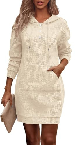 ABYOVRT Abito Felpa Donna con Cappuccio e Tasca Abito Casual in Tessuto a Nido d’Ape per Autunno Inverno,Beige,S
