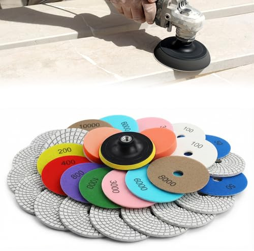 Lot de 16 disques de polissage diamantés 100 mm 50# -10000 # avec embout M14 + adaptateur pour polissage sec et humide du granit, marbre, béton, carrelage pour bricolage