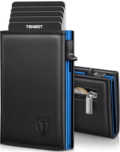 TENBST Geldbörse Herren, Premium Portmonee Herren mit RFID Schutz, Slim Geldbörse Münzfach, Kartenetui mit 10 Fächern, smart Wallet，Geschenke zum Vatertag - Blau-Schwarz
