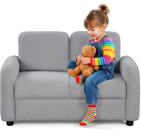 Costzon Kids Couch, 2 Seat Toddler Armrest Chair w/Teddy Fleece Upholstery & Solid Wooden Frame, Double Seat Children's Sofa for Preschool, Bedroom, Playroom, Daycare, Ideal Gift for Girls Boys