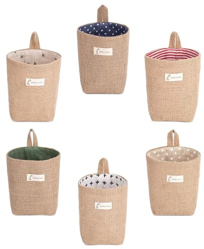 Cesta de Lino,6 Piezas Cesta Colgante Plegables,Bolsa de Almacenamiento para Colgar con asa para Juguetes Pequeños,Maquillaje,Llaves y Decoración del Hogar (13 x 10 cm)