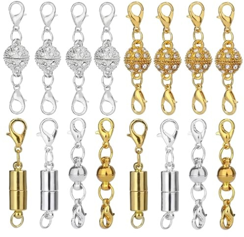 Magnetic Necklace Clasps, 16-Piece Necklace Clasp Jewellery Fastener Set with Diamond Gold and Silver Designs, Secure Magnetic Closure System for Necklaces and Jewellery Making
