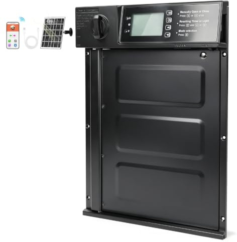 Große automatische Hühnerklappe aus Aluminum – Solar & USB betrieben, mit WiFi (App-Steuerung), Tuya, Timer, Lichtsensor, Wasserdicht,LCD-Display & Intelligenter Einklemm