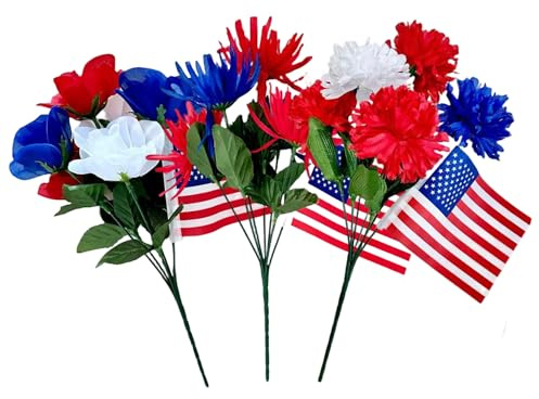 Ngbbby Fiori per Il Memorial Day, Confezione da 3 Fiori Rossi Bianchi e Blu con Decorazioni patriottiche per Il Memorial Day - Margherita, Lilla, Bouquet di Rose, Rosso Bianco e Blu
