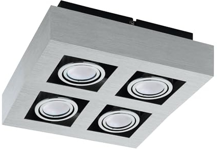 EGLO LED Deckenleuchte Loke 1 4 flammige Aufbauleuchte | aus Aluminium und Stahl, Deckenlampe in Gebürstet, Chrom, Schwarz, Aufbaulampe mit GU10 Fassung, LED Leuchtmittel inklusive