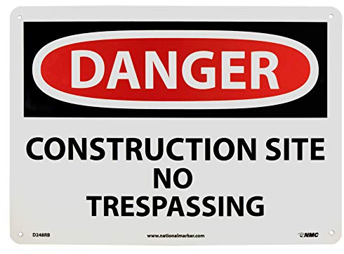 NMC D248RB Warnschild Danger - Baustelle No Trespassing, 35,6 x 25,4 cm, starrer Kunststoff, Schwarz/Weiß auf weiß/rotem Sockel