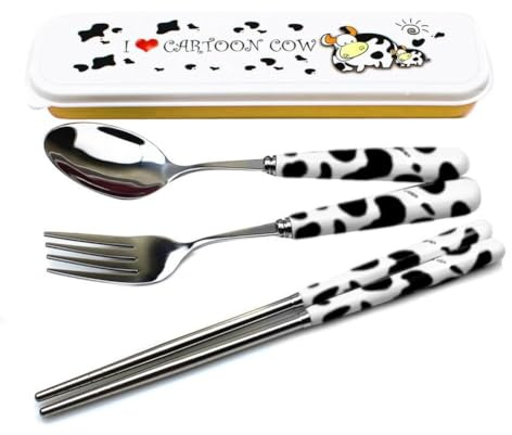OLizee® Söt kreativ ko mönster design bestick set med 3 keramiska handtag rostfritt stål sked gaffel ätpinnar för resor bärbara underbara djur koreanska servisset (svart)