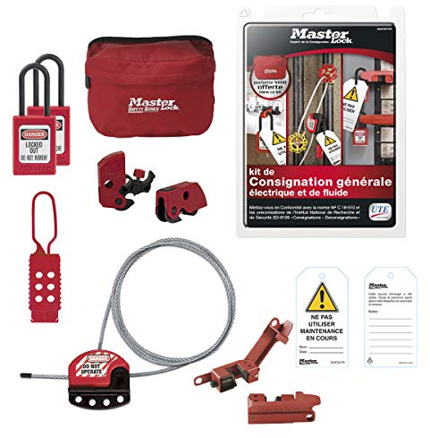 Master Lock MAINTKIT-FR Kit de consignation générale Contenant Cadenas Diélectriques, Bloque Disjoncteur, Etiquettes Ne Pas Utiliser, Crochet, Câble