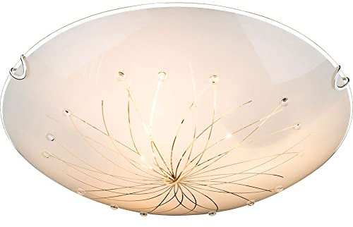 Deckenlampe weiß Schlafzimmerlampe modern Deckenleuchte rund, Designlampe 3-flammig Glas Kristalle Muster, Metall chrom, 3x E27 Fassung, DxH 40x8 cm