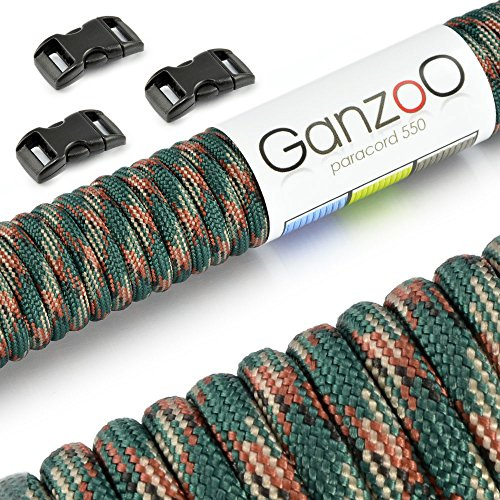 Ganzoo Paracord 550 Fallschirmleine, Camoflage Typ 3, Starter-Set mit 3X 3/8 Klickverschluss aus Kunststoff, vielseitig für Armband, Hundeleine, Halsband, Schlüsselband, Outdoor und Alltag