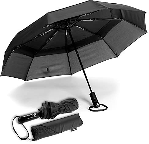 Ergonauts Travel Umbrella Windproof Vented Double Canopy – Teflon Coating, Ergonomic Handle & Protective Sleeve – Portable Compact Foldable Lightweight Design and High Wind Resistance (Classic Black)