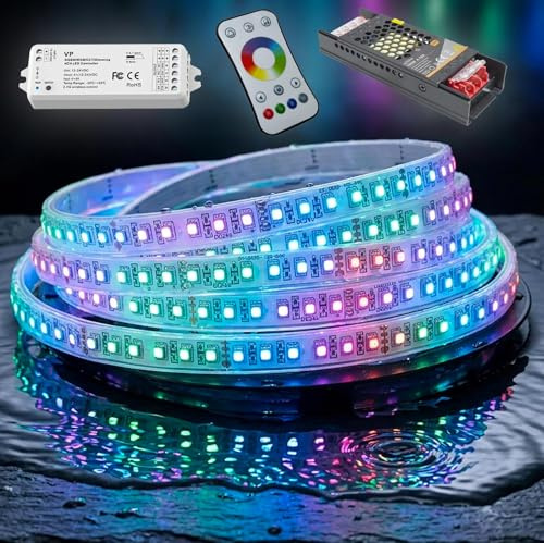 Kit Professionale Striscia LED RGB IP67 24V Cromoterapia Luce Colorata Box Doccia, Bagno Turco, Sauna, Centro Abbronzante, Centro Estetico, Alimentatore 24V, Centralina con Telecomando RF TOUCH