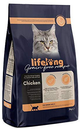 Amazon-Marke: Lifelong - Katzenfutter für ältere Katzen (Senior), Fein zubereitetes Trockenfutter mit frischem Huhn, Getreidefreie Rezeptur, 3 kg (1er-Pack)