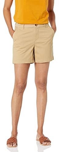 Amazon Essentials Women's Mid-Rise Slim-Fit 5 Inch Inseam Khaki Shorts (Available in Straight and Curvy Fits), Khaki Brown, 6