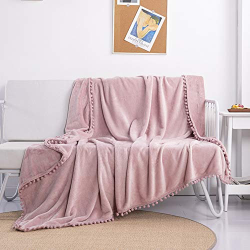 Lsimeru Kuscheldecke Fleecedecke Flauschig Altrosa 180x200cm mit Pompoms,Wohndecke Weich Warm Einfarbig Flanelldecke Tagesdecke Couchdecke Sofadecke