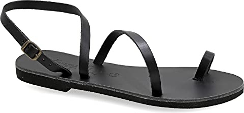 Emmanuela - Sandalias planas de cuero griegas antiguas hechas a mano, zapatos de verano de calidad para mujer con correa de hebilla ajustable, sandalias de tira para el dedo del pie, Negro, 39 EU