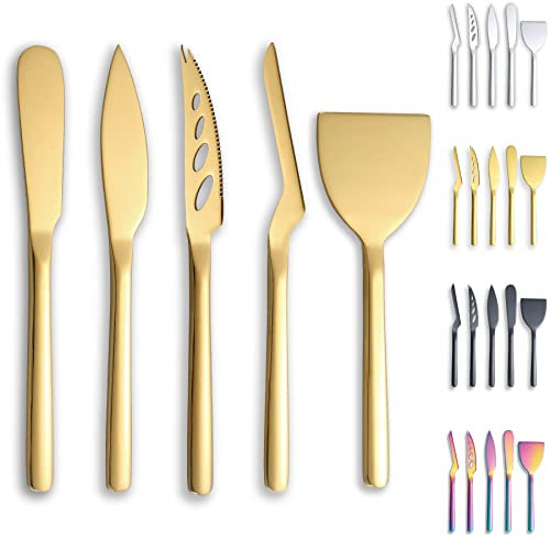 Berglander Käsemesser 5-teiliges Set, geeignet für alle Käsesorten, Edelstahl Käsemesser Schneidemaschine, ergonomisches Design, geeignet zum Greifen und Schneiden, Butterstreuer（Golden）