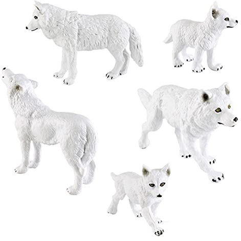 BYNYXI 5 Stück Weiß Wolf Figuren Spielzeug, Wilde Tiere Wolf Polarwolf Eisbär PVC Realistische Tierfiguren Wolf Heulender Wolf Puppen für Kinder Jungen Mädchen Weihnachten Geburtstagsgeschenke