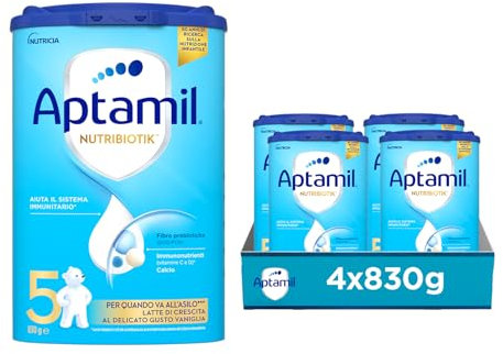 APTAMIL Nutriobiotik 5 - Latte di Crescita in Polvere al Delicato gusto di Vaniglia per Bambini dai 36 mesi - da 3320 grammi (4 confezioni da 830g)