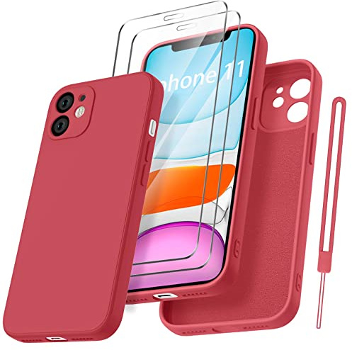 Qasyfanc Cover per iPhone 11, Protezione Fotocamera und 2 Pellicola Vetro Temperato, Fodera in Microfibra Antiurto Ultra Custodia Silicone Morbida Liquido Ultra Sottile 6.1''-Rosso Cina