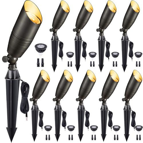 Gardenreet Low Voltage Spotlight LED - 12V Outdoor Light Fixture Weather Proof, Brass Landscape Lights Hardwired, Coastal Bronze for Flag Sign with Warm White MR16 Removable Bulbs (10 Pack)