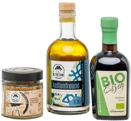 DIE ÖLFREUNDE „Bio Salat Trio Sparset | 1 erlesenes Speiseöl | 1 feiner Himbeer Essig | 1 Rauchsalz | hochwertige kaltgepresste Öle | Öle mit Omega 3 und - 6 Fettsäuren