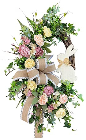 GZYshoyao Kranz Türdekorationen Vordere Frühlingstür Ostern Frühling Osterkranz Osterhasenkranz Fröhlicher Blumendekor Kranz Kranz Mobile Ring Holz Basteln (A, One Size)