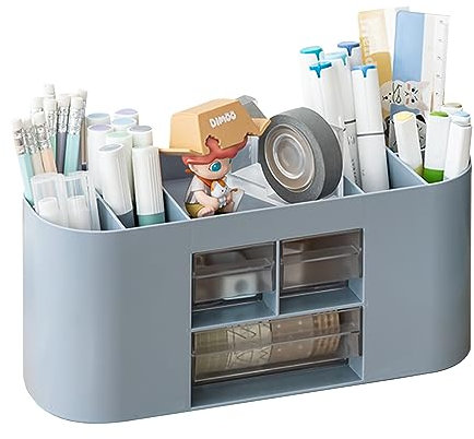 Lvjkes Stiftehalter Aufbewahrungskiste, Schreibtisch organizer 10 Fächer Große Kapazität, Doppelschicht transparente Schublade, Kann Bleistifte, Buntstifte, Verschiedene Schreibwaren aufnehmen (Blau)