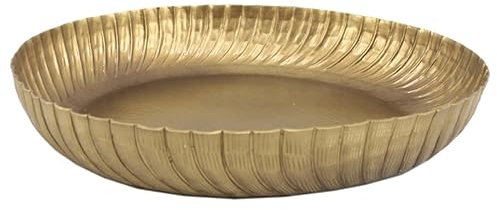 Orientalisches Tablett Loubna Antik Gold Groß Ø 45cm rund aus massiv Aluminium mit Hammerschlag & Wellen-Rand Boho Chic Gold-Tablett Muttertag Ostern Serviertablett Deko-Tablett AL-6250
