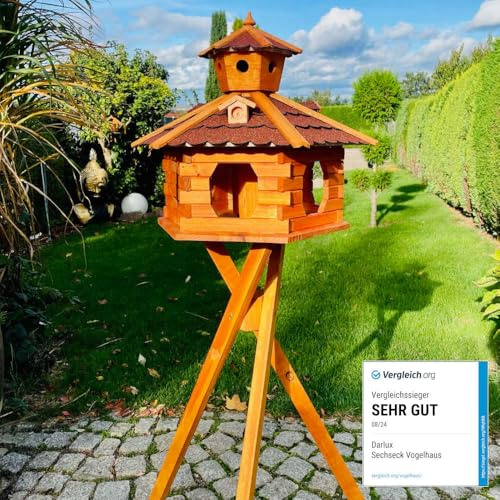 DARLUX Handgefertigtes XXL-Sechseck-Vogelhaus aus Holz mit Ständer | Vogelfutterstation, lasiert, Outdoor, Garten, Balkon, Futterhaus, Futterhäuschen (Größe XXL mit Ständer, Rot - Braun)