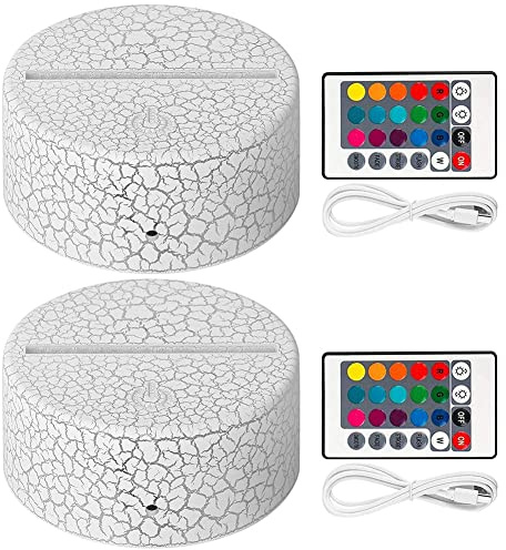 INTCHE Lot de 2 Socles de Lampe de Nuit à LED 3D + TéLéCommande + Câble USB, PréSentoir de Spectacle de LumièRe 16 Couleurs pour Acrylique Fissuré