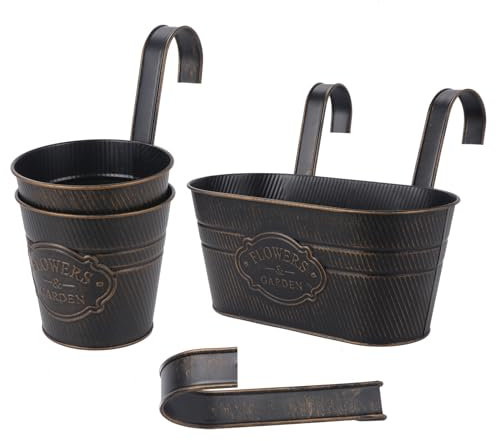Coolty 3 Stück Vintage Metall Hängetöpfe Blumentopf Hängend Hängender Garten Töpfe für Zaun Balkon Garten Pflanzer Home Decor mit Abnehmbaren Haken (Rund+Oval)