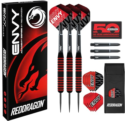 RED DRAGON Darts - Envy Series 24g - Svart Och Rött Professionell Mässing Dartset Stålspets Med Dartflyg, Skaft Och Plånbok