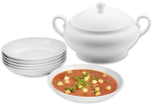SÄNGER Suppenteller und Suppenterrine New Port 7 tlg, Suppenschüssel | Suppenschalen 6 Personen, Suppenterrine Porzellan mit Deckel inkl. Tiefe Teller Spülmaschinenfest Weiß