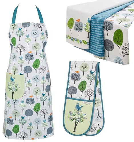 Cooksmart 5 Piece Apron & Kitchen Set | Double Oven Gloves & Tea Towels Perfect For Any Kitchen - Forest Birds