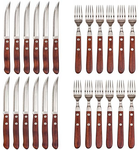 Steakbesteck rostfreier Stahl Holz 24 Stück mit steakmesser 12 Stück und 12 Stück steakgabel