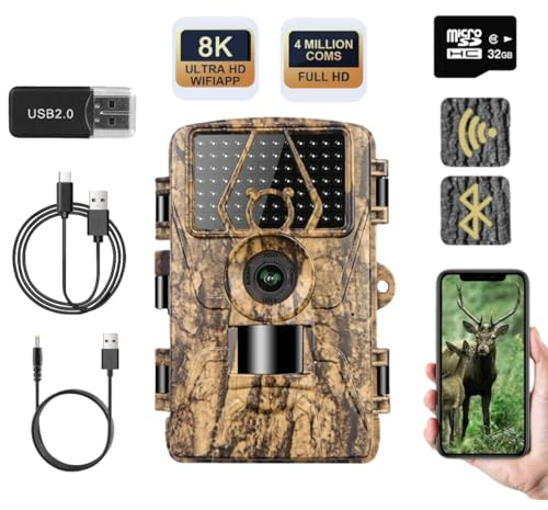 ZYJDGNNY 8K 60MP WiFi Wildlife Camera with Night Vision and 32GB SD Card, Motion Activated IP67 Waterproof 100ft Range 120° Wide Angle, 42pcs Infrared LEDs Without Glow