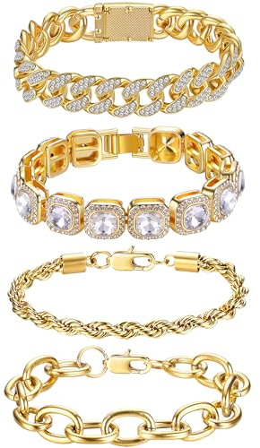Krfy 4 Pcs Gold Silber Tennis Armband Damen Set - Diamant Herren Tennisarmband, Kubanisches Clip Armband, Cubic Zirkonia Gold Und Silber