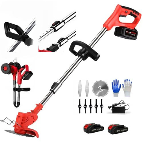 Hooha 3in 1 Akku-Rasentrimmer Mit 115-140cm Verstellbare Teleskopstange,Zusätzlicher Handgriff,880W,2X 2000mAh,1 Sägeblätter, 2 Metallmesser,Für Gardena/Rasen/Sportplätze/Spielplätze