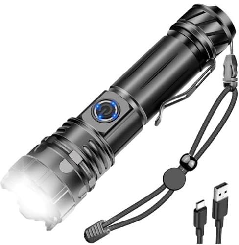 NAKCNM Torch Rechargeable, High Power Torch LED Super Bright, Battery Powered Flashlight with Clip, 12000 Lumen 5 Modes Waterproof for Camping Emergency Night Walking Fishing